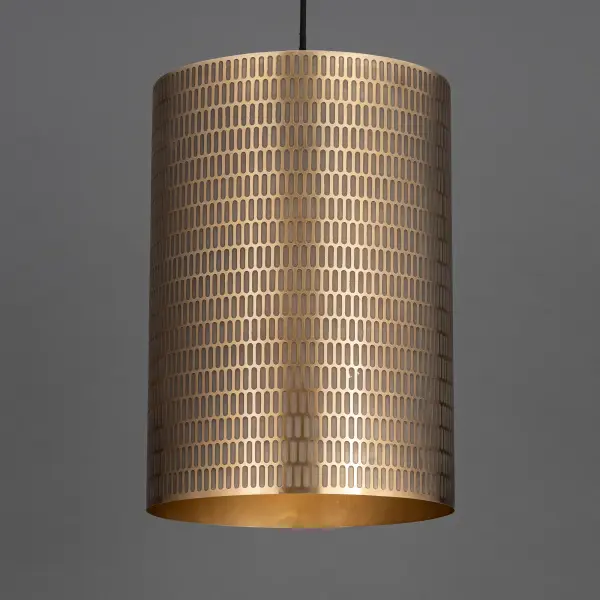 With bold geometry and a globally inspired edge, the Shaka collection makes a statement in simplicity. Each cylindrical drum shade is hand-finished in hammered metal, etched with an elongated oval pattern that adds visual rhythm and soft texture. The light casts downward in warm tones made even more distinct by your choice of two finishes: a striking Black with White contrast or rich Antique Brass. Available in multiple pendant sizes and a swing arm wall sconce, the collection brings a refined, sculptural element to modern interiors. Collection: Shaka Finish: Weathered Brass Width: 14.00" Height: 20.00" Length: 14.00" Weight: 11.11 lb Wire: 120" Canopy: 5"x5"x0.5" Number of Bulbs: 1 Maximum Wattage: 100.00 W Bulb Type: E26 Bulb Base: E26 Medium Light Source: Incandescent Voltage: 120.00 V Material: Steel Safety Listing: cULus Safety Rating: Dry Spec Sheet - alternate view