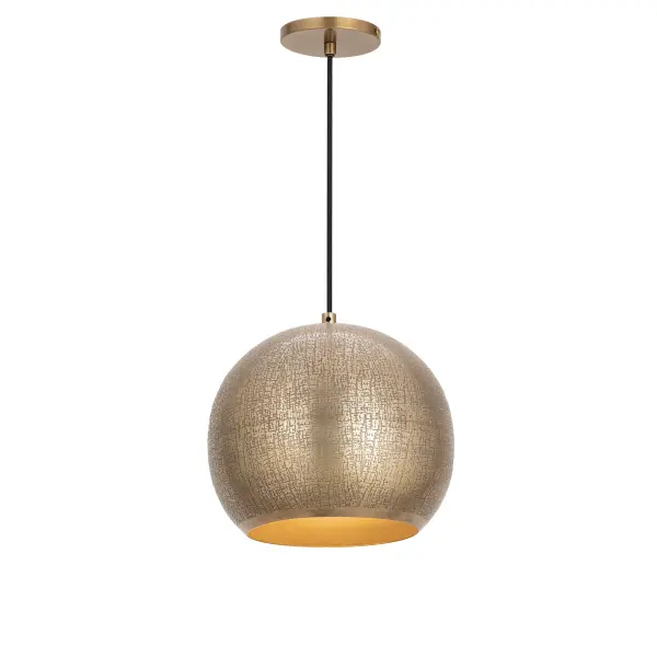 Rooted in ancient artistry and shaped for modern spaces, Aurelia is a study in timeworn opulence. Each globe pendant is formed from etched metal with a soft, tactile finish that evokes handcrafted metalwork. Finished in a warm brass tone, the shade conceals the light source entirely, casting a gentle, ambient glow that radiates from within. A black rayon cord adds a refined contrast, while a coordinating ADA-compliant backlit wall sconce completes the collection with subtle drama. Offered in multiple sizes, Aurelia brings a timeless, sculptural presence to any interior. Collection: Aurelia Finish: Weathered Brass Width: 10.00" Height: 8.50" Length: 10.00" Weight: 3.85 lb Wire: 120" Canopy: 5"x5"x0.5" Number of Bulbs: 1 Maximum Wattage: 60.00 W Bulb Type: E26 Bulb Base: E26 Medium Light Source: Incandescent Voltage: 120.00 V Material: Steel Safety Listing: cULus Safety Rating: Dry Spec Sheet