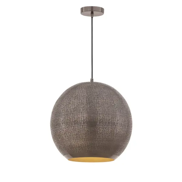 Rooted in ancient artistry and shaped for modern spaces, Aurelia is a study in timeworn opulence. Each globe pendant is formed from etched metal with a soft, tactile finish that evokes handcrafted metalwork. Finished in a warm brass tone, the shade conceals the light source entirely, casting a gentle, ambient glow that radiates from within. A black rayon cord adds a refined contrast, while a coordinating ADA-compliant backlit wall sconce completes the collection with subtle drama. Offered in multiple sizes, Aurelia brings a timeless, sculptural presence to any interior. Collection: Aurelia Finish: Pewter Width: 13.50" Height: 12.50" Length: 13.50" Weight: 5.50 lb Wire: 120" Canopy: 5"x5"x0.5" Number of Bulbs: 1 Maximum Wattage: 100.00 W Bulb Base: E26 Medium Light Source: Incandescent Voltage: 120.00 V Material: Steel Safety Listing: cULus Spec Sheet