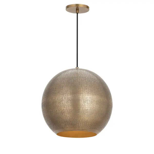 Rooted in ancient artistry and shaped for modern spaces, Aurelia is a study in timeworn opulence. Each globe pendant is formed from etched metal with a soft, tactile finish that evokes handcrafted metalwork. Finished in a warm brass tone, the shade conceals the light source entirely, casting a gentle, ambient glow that radiates from within. A black rayon cord adds a refined contrast, while a coordinating ADA-compliant backlit wall sconce completes the collection with subtle drama. Offered in multiple sizes, Aurelia brings a timeless, sculptural presence to any interior. Collection: Aurelia Finish: Weathered Brass Width: 13.50" Height: 12.50" Length: 13.50" Weight: 5.50 lb Wire: 120" Canopy: 5"x5"x0.5" Number of Bulbs: 1 Maximum Wattage: 100.00 W Bulb Type: E26 Bulb Base: E26 Medium Light Source: Incandescent Voltage: 120.00 V Material: Steel Safety Listing: cULus Safety Rating: Dry Spec Sheet