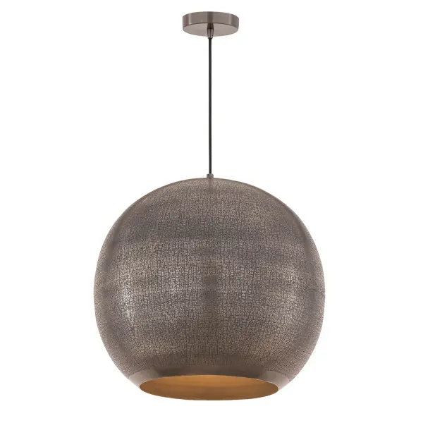 Rooted in ancient artistry and shaped for modern spaces, Aurelia is a study in timeworn opulence. Each globe pendant is formed from etched metal with a soft, tactile finish that evokes handcrafted metalwork. Finished in a warm brass tone, the shade conceals the light source entirely, casting a gentle, ambient glow that radiates from within. A black rayon cord adds a refined contrast, while a coordinating ADA-compliant backlit wall sconce completes the collection with subtle drama. Offered in multiple sizes, Aurelia brings a timeless, sculptural presence to any interior. Collection: Aurelia Finish: Pewter Width: 20.00" Height: 17.75" Length: 20.00" Weight: 10.56 lb Wire: 120" Canopy: 5"x5"x0.5" Number of Bulbs: 1 Maximum Wattage: 100.00 W Bulb Base: E26 Medium Light Source: Incandescent Voltage: 120.00 V Material: Steel Safety Listing: cULus Spec Sheet