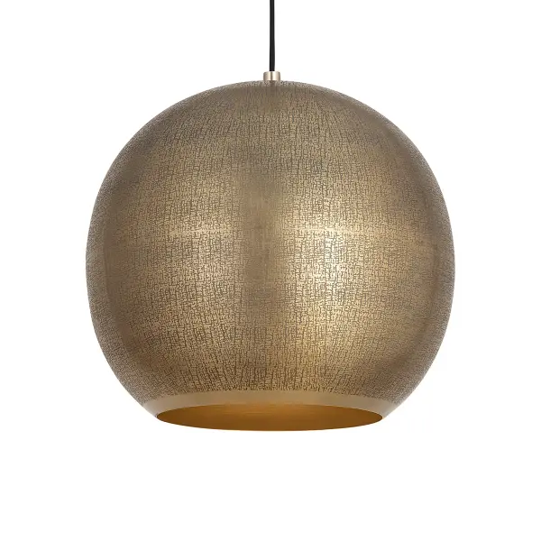 Rooted in ancient artistry and shaped for modern spaces, Aurelia is a study in timeworn opulence. Each globe pendant is formed from etched metal with a soft, tactile finish that evokes handcrafted metalwork. Finished in a warm brass tone, the shade conceals the light source entirely, casting a gentle, ambient glow that radiates from within. A black rayon cord adds a refined contrast, while a coordinating ADA-compliant backlit wall sconce completes the collection with subtle drama. Offered in multiple sizes, Aurelia brings a timeless, sculptural presence to any interior. Collection: Aurelia Finish: Weathered Brass Width: 20.00" Height: 17.75" Length: 20.00" Weight: 10.56 lb Wire: 120" Canopy: 5"x5"x0.5" Number of Bulbs: 1 Maximum Wattage: 100.00 W Bulb Type: E26 Bulb Base: E26 Medium Light Source: Incandescent Voltage: 120.00 V Material: Steel Safety Listing: cULus Safety Rating: Dry Spec Sheet