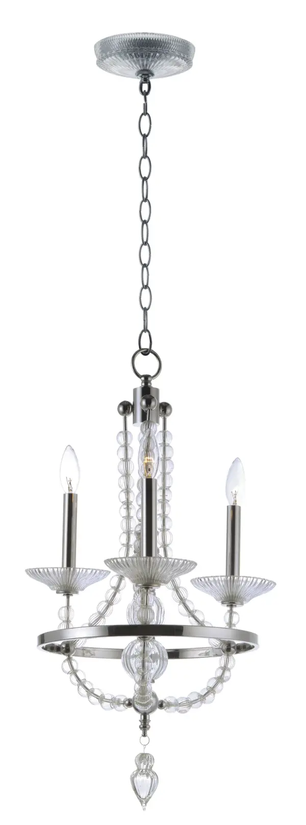 This classic chandelier features frames of Polished Nickel adorned with hundreds of hand blown Clear glass balls and fonts. The ribbed design in the glass adds texture and shimmer to this classic and delicate design.