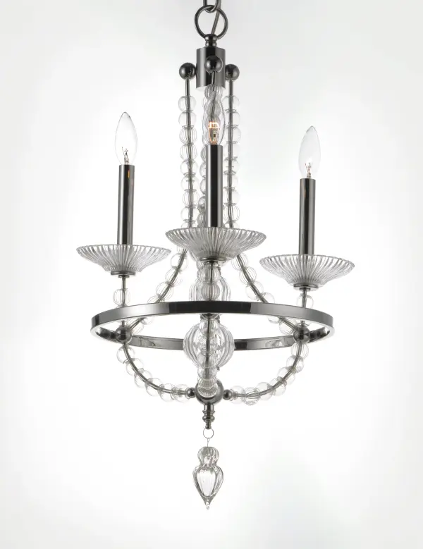 This classic chandelier features frames of Polished Nickel adorned with hundreds of hand blown Clear glass balls and fonts. The ribbed design in the glass adds texture and shimmer to this classic and delicate design. - alternate view