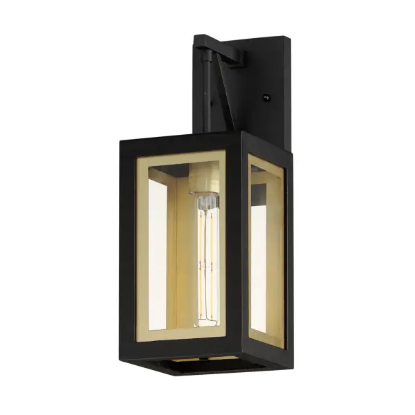 Two-tone frames of Black or White with internal Gold frames provides a neoclassical approach to the squared coach lantern. The sconces jut out from the wall on well-defined trusses that add a contemporary element. Delivering a classic design that suits most exteriors, this collection adds interest in the interior contrasting frame of Gold that secures clear glass panes to diffuse the lamp within.
