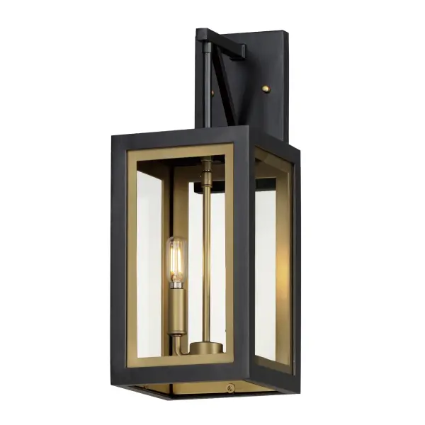 Two-tone frames of Black or White with internal Gold frames provides a neoclassical approach to the squared coach lantern. The sconces jut out from the wall on well-defined trusses that add a contemporary element. Delivering a classic design that suits most exteriors, this collection adds interest in the interior contrasting frame of Gold that secures clear glass panes to diffuse the lamp within.