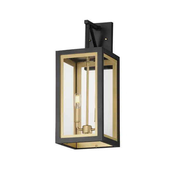 Two-tone frames of Black or White with internal Gold frames provides a neoclassical approach to the squared coach lantern. The sconces jut out from the wall on well-defined trusses that add a contemporary element. Delivering a classic design that suits most exteriors, this collection adds interest in the interior contrasting frame of Gold that secures clear glass panes to diffuse the lamp within.