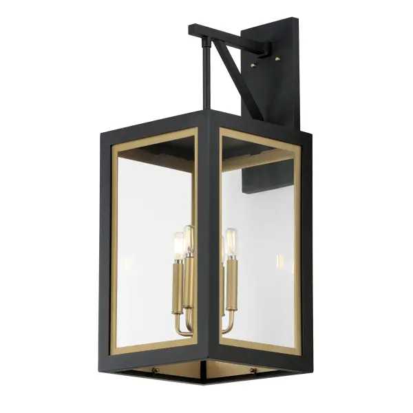 Two-tone frames of Black or White with internal Gold frames provides a neoclassical approach to the squared coach lantern. The sconces jut out from the wall on well-defined trusses that add a contemporary element. Delivering a classic design that suits most exteriors, this collection adds interest in the interior contrasting frame of Gold that secures clear glass panes to diffuse the lamp within.