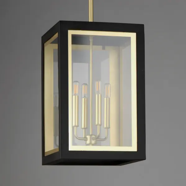 Two-tone frames of Black or White with internal Gold frames provides a neoclassical approach to the squared coach lantern. The sconces jut out from the wall on well-defined trusses that add a contemporary element. Delivering a classic design that suits most exteriors, this collection adds interest in the interior contrasting frame of Gold that secures clear glass panes to diffuse the lamp within. - alternate view
