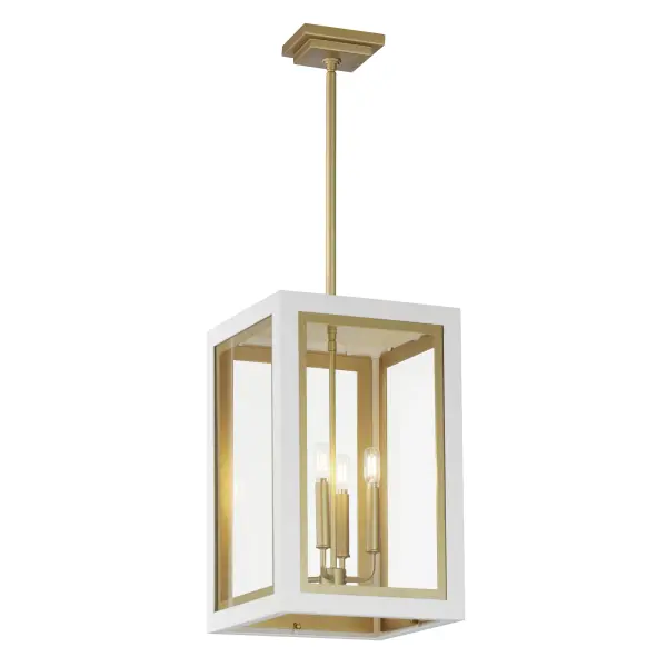 Two-tone frames of Black or White with internal Gold frames provides a neoclassical approach to the squared coach lantern. The sconces jut out from the wall on well-defined trusses that add a contemporary element. Delivering a classic design that suits most exteriors, this collection adds interest in the interior contrasting frame of Gold that secures clear glass panes to diffuse the lamp within.