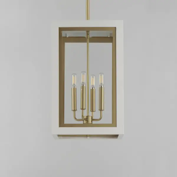 Two-tone frames of Black or White with internal Gold frames provides a neoclassical approach to the squared coach lantern. The sconces jut out from the wall on well-defined trusses that add a contemporary element. Delivering a classic design that suits most exteriors, this collection adds interest in the interior contrasting frame of Gold that secures clear glass panes to diffuse the lamp within. - alternate view