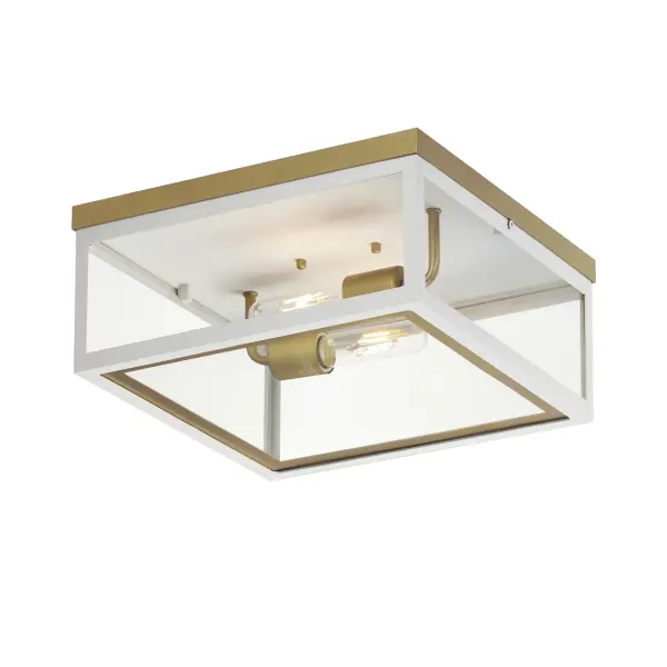 Two-tone frames of Black or White with internal Gold frames provides a neoclassical approach to the squared coach lantern. The sconces jut out from the wall on well-defined trusses that add a contemporary element. Delivering a classic design that suits most exteriors, this collection adds interest in the interior contrasting frame of Gold that secures clear glass panes to diffuse the lamp within.