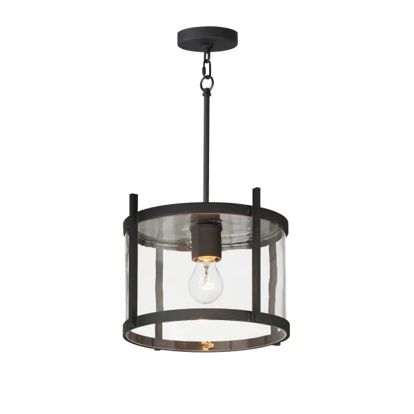 Squared columns in Matte Black finish tower above the cylindrical glass shade rated for outdoor applications. Available in a more modern clear glass option or hammered glass. A rectangular hook detail carries the square form through to the backplate. A modern interpretation of a bell tower, these outdoor pendants and sconces are a cleaned up, transitional look for exteriors.