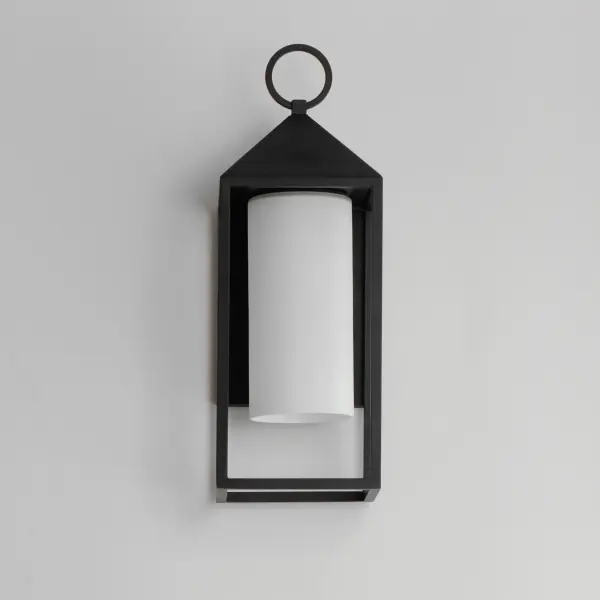 A refreshing take on classic outdoor lanters, this collection features a pyramid capped top with Satin White glass hurricanes housed within. No additional panels of glass are used to frame the lantern, providing an attractive, low maintenance look for outdoors. - alternate view