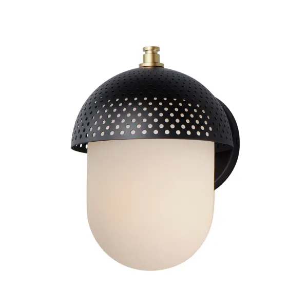 Behind a Black perforated metal dome, an elongated White glass globe casts soft lighting with an intriguing lighting effect through the filigree. Finished in outdoor rated powder coat of Black and Gold make this a spirited two-tone addition to an already popular mid-century inspired collection of interior pendants and flush mounts.
