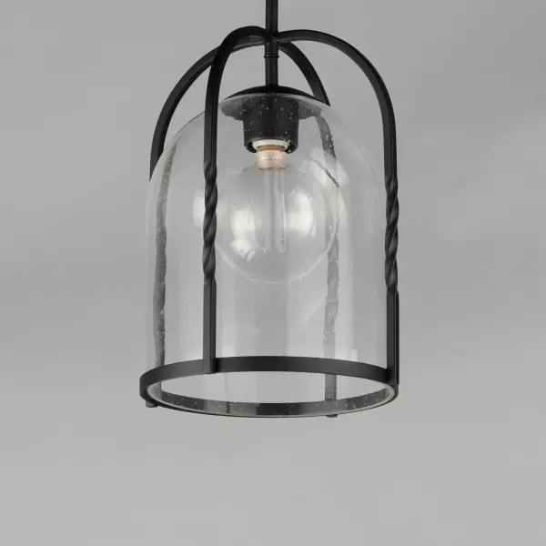 Forged iron spindles twist along the frame of a half round sconce. Transitional in design, they are finished in a Neutral Black outdoor rated powder coat and feature Clear Seeded glass. Use tubular lamps to accentuate the height of the sconces. - alternate view