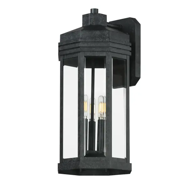 Inspired by the intricate geometric motifs of the iconic architect, the Wright collection of outdoor lighting features a hexagonal frame with tiered louvers along its hood. Beveled at its edges, the Clear glass panes encase the lighting cluster within a robust die cast aluminum body and aluminum frame. Finished in a rich Black Patina, this outdoor series provides thoughtful touches and rich finishes to make a timelessly elegant lighting collection.