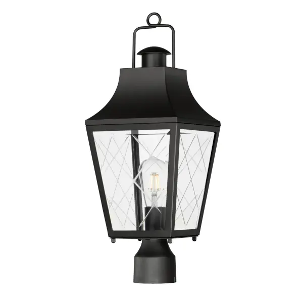 These charming cottage style lanterns feature unique cross-etched glass panels that are Clear and beveled along their edges. Additional design details such as whimsical loops above a chimney element add to the product's delightful appearance. Finished in a Matte Black outdoor rated powder coat, this collection recaptures the appeal of storybook lanterns.