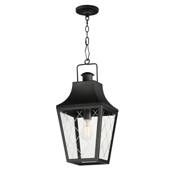 These charming cottage style lanterns feature unique cross-etched glass panels that are Clear and beveled along their edges. Additional design details such as whimsical loops above a chimney element add to the product's delightful appearance. Finished in a Matte Black outdoor rated powder coat, this collection recaptures the appeal of storybook lanterns.