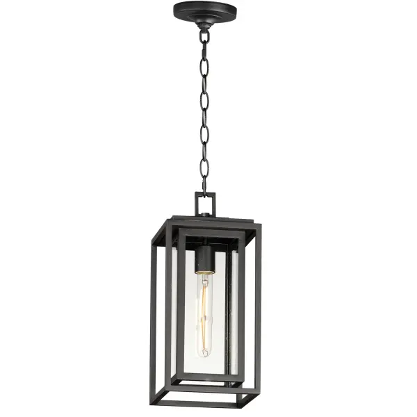 A dual framed structure creates dimension on these outdoor lighting fixtures that is both contemporary and transitional. The construction consists of two frames of square tubing and squared components. The inner frame's Clear Seedy glass reduces glare from the light and appears dirt-free for longer periods. This is a comprehensive collection to brighten all areas of your outdoor space, available in various sized sconces as well as hanging and post configurations.