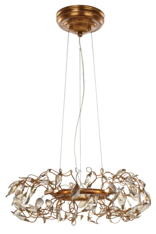 Hand formed wire stems finished in a rich Gold Leaf support delicate petals of Cognac crystal that create a beautiful garden of light. Petite G4 xenon lamps add brilliance and life to the sculpture.