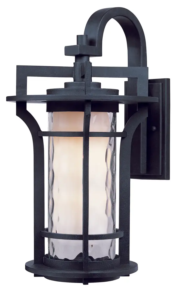 Bold, exterior design of Die Cast aluminum finished in Black Oxide support elongated cylinders of clear Waterglass. Light is gently diffused by a second inner cylinder of Satin White glass.