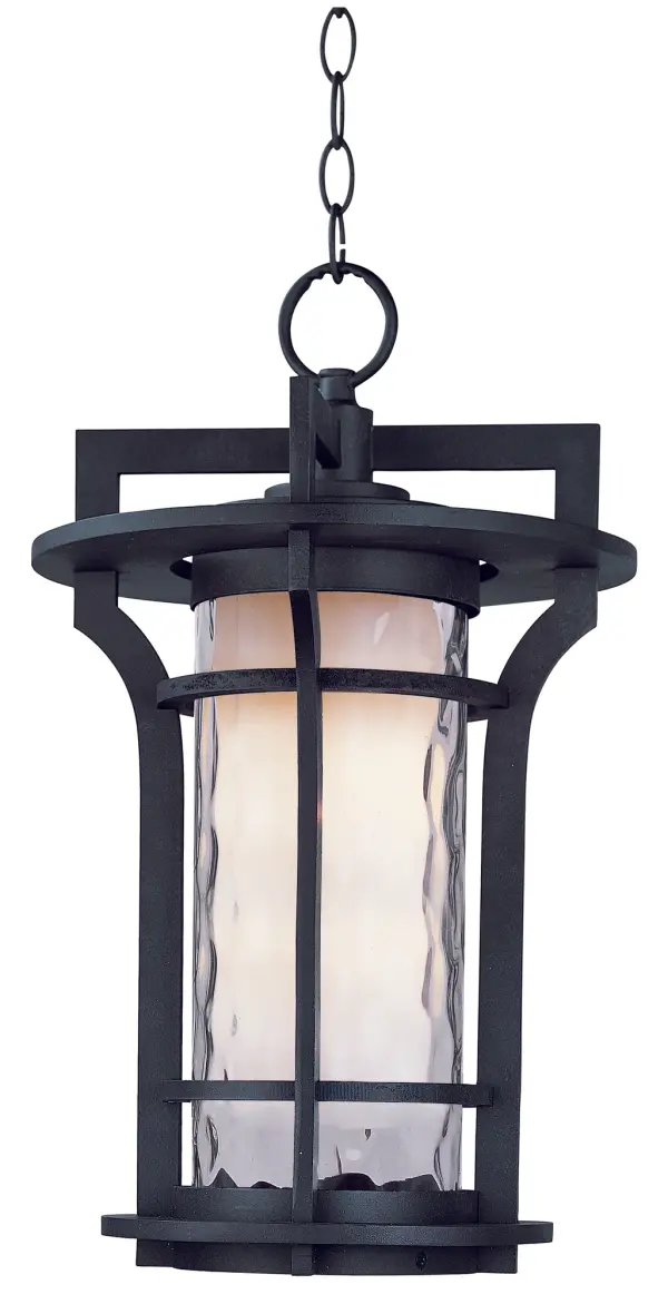 Bold, exterior design of Die Cast aluminum finished in Black Oxide support elongated cylinders of clear Waterglass. Light is gently diffused by a second inner cylinder of Satin White glass.