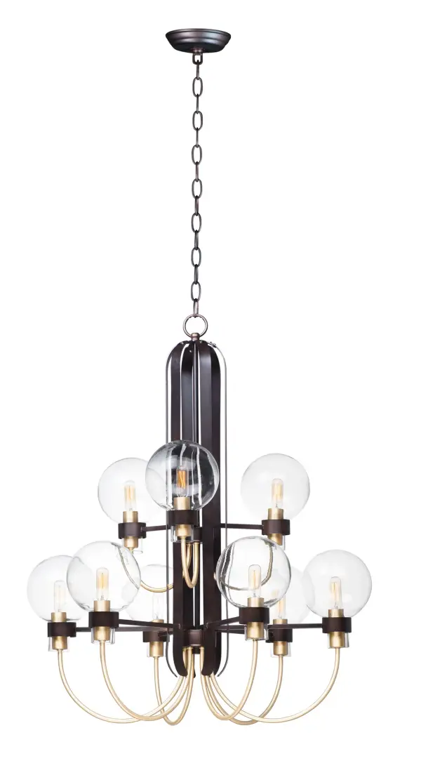 This classic Mid Century Modern design features a frame finished in a combination of Bronze and Satin Brass. The arms terminate at rings that support Clear heavy blown glass shades which were prevalent in this era.