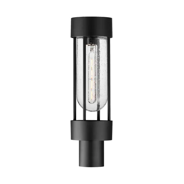 Clean and contemporary, this series of wet location rated outdoor sconces features a capsule of Clear Seeded glass encased within a cage of matte Black outdoor rated powder coat. The transitional appeal of the design pairs well in applications both modern and traditional. Complete the look with a tubular filament lamp.