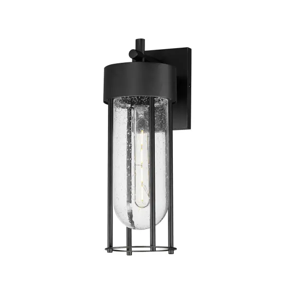 Clean and contemporary, this series of wet location rated outdoor sconces features a capsule of Clear Seeded glass encased within a cage of matte Black outdoor rated powder coat. The transitional appeal of the design pairs well in applications both modern and traditional. Complete the look with a tubular filament lamp.