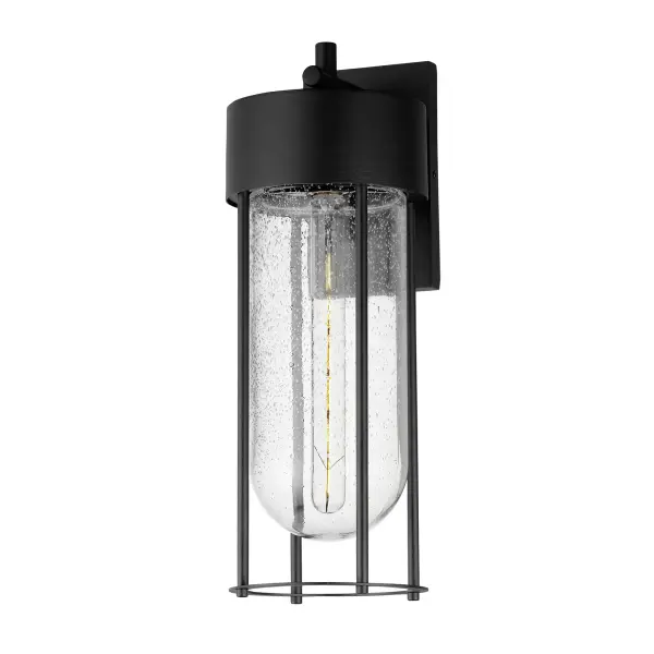 Clean and contemporary, this series of wet location rated outdoor sconces features a capsule of Clear Seeded glass encased within a cage of matte Black outdoor rated powder coat. The transitional appeal of the design pairs well in applications both modern and traditional. Complete the look with a tubular filament lamp.