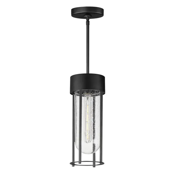 Clean and contemporary, this series of wet location rated outdoor sconces features a capsule of Clear Seeded glass encased within a cage of matte Black outdoor rated powder coat. The transitional appeal of the design pairs well in applications both modern and traditional. Complete the look with a tubular filament lamp.