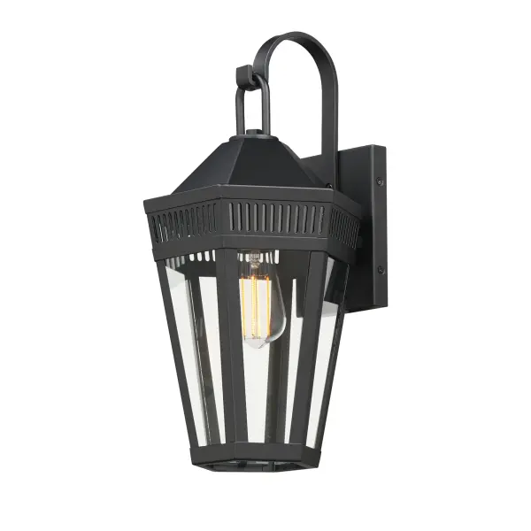 Stately lanterns with perforated filigree along the hood casts a beautiful lighting effect. Finished in Matte Black, the collection is available in multiple sizes as well as flush mount, deck lantern, and two sizes of pendants.