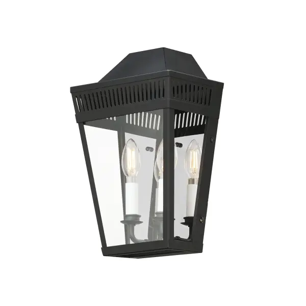 Stately lanterns with perforated filigree along the hood casts a beautiful lighting effect. Finished in Matte Black, the collection is available in multiple sizes as well as flush mount, deck lantern, and two sizes of pendants.