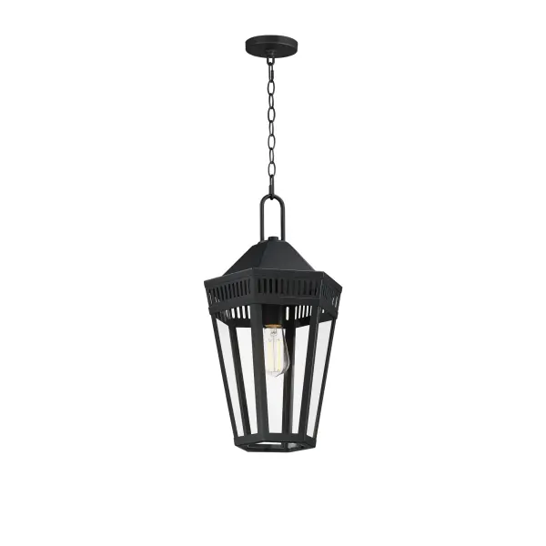 Stately lanterns with perforated filigree along the hood casts a beautiful lighting effect. Finished in Matte Black, the collection is available in multiple sizes as well as flush mount, deck lantern, and two sizes of pendants.