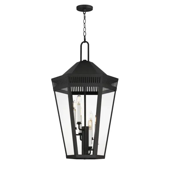 Stately lanterns with perforated filigree along the hood casts a beautiful lighting effect. Finished in Matte Black, the collection is available in multiple sizes as well as flush mount, deck lantern, and two sizes of pendants.