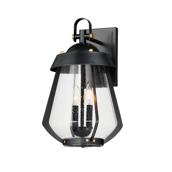 A nod to the nautical, the Marin outdoor sconces feature a two-tone frame of Black with Antique Brass details. Within the frame a pear shaped Clear Seeded glass shields a medium base lamp from the elements. Available in three sizes of sconce, two pendant configurations, and a post mount the collection is a full range of offering of a distinctive, designer look.