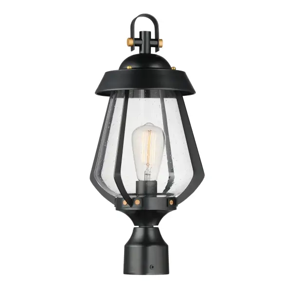 A nod to the nautical, the Marin outdoor sconces feature a two-tone frame of Black with Antique Brass details. Within the frame a pear shaped Clear Seeded glass shields a medium base lamp from the elements. Available in three sizes of sconce, two pendant configurations, and a post mount the collection is a full range of offering of a distinctive, designer look.