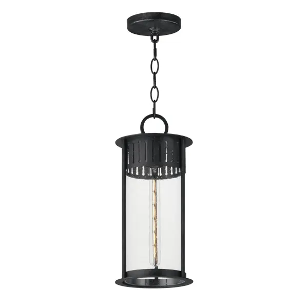Inspired by the rounded towers of Windsor Castle, this outdoor lighting collection features a hand-applied Black Patina finish on Stainless Steel. A slotted filigree along the top of the cylinder frame allows light to escape, while the clear seeded glass obscures the light source enough to soften the glare a light bulb casts.
