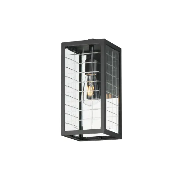 A simple square-framed lantern features deep etched squares on Clear glass, creating a captivating array of refracted light. Constructed from die-cast aluminum and finished in Matte Black, the design blends classic elements with a refreshing, modern approach, offering both sophistication and simplicity with an emphasis on minimalism.