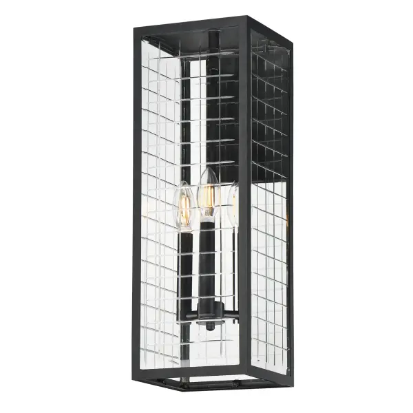 A simple square-framed lantern features deep etched squares on Clear glass, creating a captivating array of refracted light. Constructed from die-cast aluminum and finished in Matte Black, the design blends classic elements with a refreshing, modern approach, offering both sophistication and simplicity with an emphasis on minimalism.