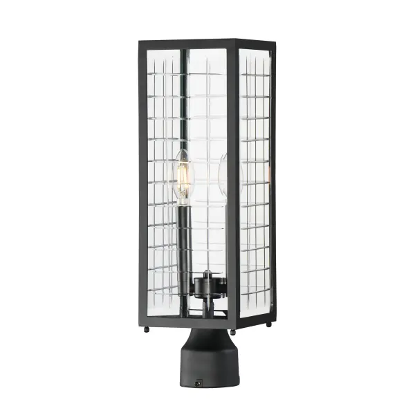 A simple square-framed lantern features deep etched squares on Clear glass, creating a captivating array of refracted light. Constructed from die-cast aluminum and finished in Matte Black, the design blends classic elements with a refreshing, modern approach, offering both sophistication and simplicity with an emphasis on minimalism.