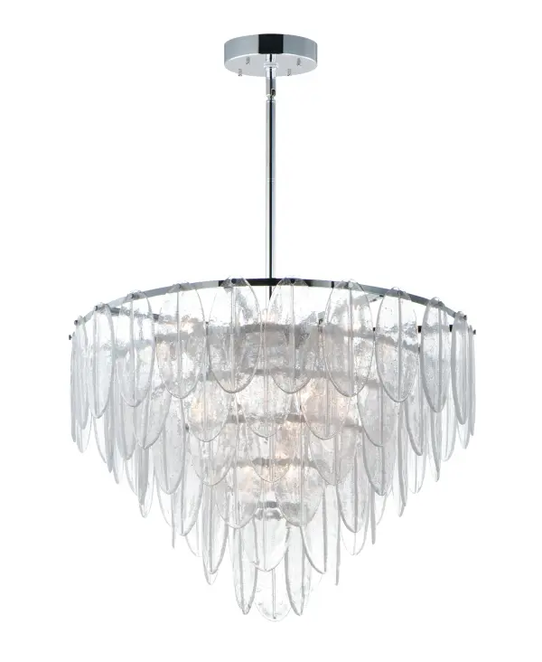 Hand formed glass petals suspend from a tiered frame of Polished Chrome. The glass is transparent yet cloudy, softly diffusing the light while creating a clean and crisp design.