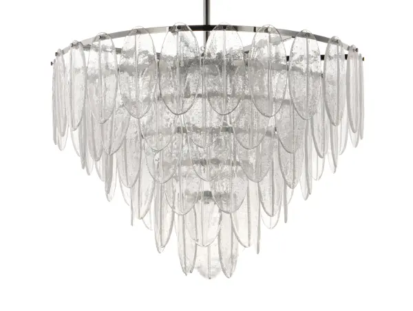 Hand formed glass petals suspend from a tiered frame of Polished Chrome. The glass is transparent yet cloudy, softly diffusing the light while creating a clean and crisp design. - alternate view