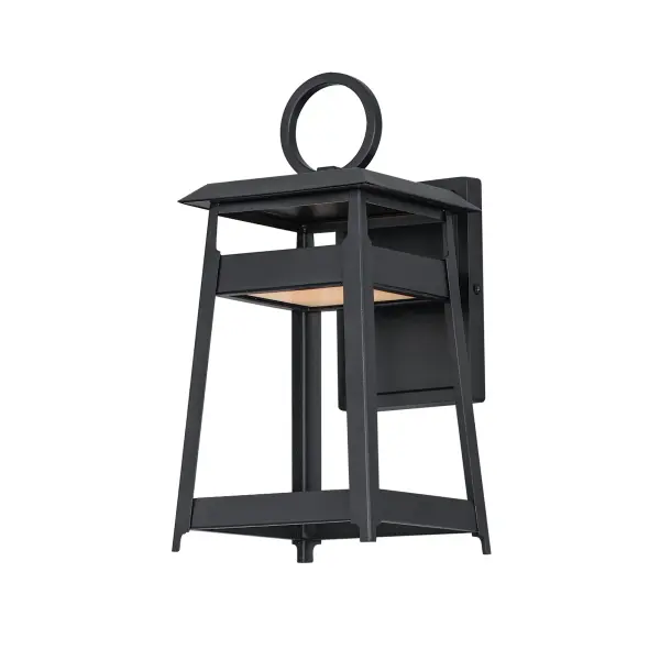 An impactful shrine of light, the modern lantern designs of the Pagoda series feature a stacked structure with slanted roof lines over an open pavilion free of glass. The LED light source is contained in the lower structure provides ample light downwards in addition to casting light upwards to create a warm glow within the frame. A large, flattened ring perches above the lanterns, which are then supported by hooks on the larger sizes. The fixtures are made more robust by eliminating the use of glass panels entirely. Finished in matte Black, these outdoor sconces are stylishly contemporary.