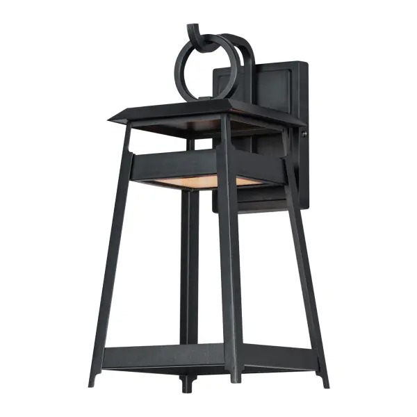 An impactful shrine of light, the modern lantern designs of the Pagoda series feature a stacked structure with slanted roof lines over an open pavilion free of glass. The LED light source is contained in the lower structure provides ample light downwards in addition to casting light upwards to create a warm glow within the frame. A large, flattened ring perches above the lanterns, which are then supported by hooks on the larger sizes. The fixtures are made more robust by eliminating the use of glass panels entirely. Finished in matte Black, these outdoor sconces are stylishly contemporary.