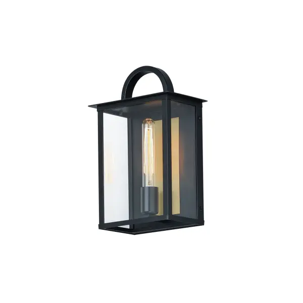 The Manchester series is inspired by classic coach lanterns and consists of minimally extended sconces in a variety of sizes that have been modified with simplified embellishments. The black frames have been modified with a squared arc handle and a contrasting Burnished Gold plate that reflects clusters of candle lights surrounded by Clear glass panels. This collection references historic exterior sconces while modernizing their appearance. Complement the design with tubular lamps to accentuate the verticality of the frames.