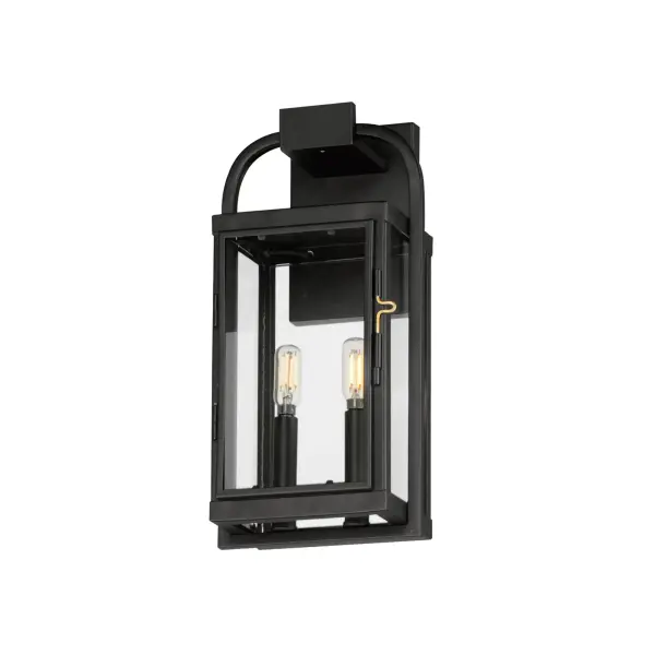 Inspired by classic English lantern design, this collection of outdoor sconces have been streamlined for modern appeal. A convenient, and quaint front door latch allows you to clean and maintain the fixture. Finished in a clean, Matte Black finish with brass hardware and Clear glass panels, two sets of candle sleeves are provided to choose from matching black sleeves or contrasting off-white for a more transitional outlook.