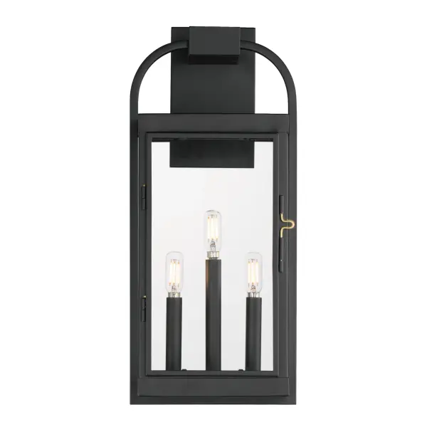 Inspired by classic English lantern design, this collection of outdoor sconces have been streamlined for modern appeal. A convenient, and quaint front door latch allows you to clean and maintain the fixture. Finished in a clean, Matte Black finish with brass hardware and Clear glass panels, two sets of candle sleeves are provided to choose from matching black sleeves or contrasting off-white for a more transitional outlook.