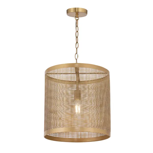 A crosshatching etched pattern on metal shades finished in Gold or Matte Black powder coated finishes. Available in multiple sizes of pendants and matching ADA compliant wall sconce. Collection: Hatcher Finish: Gold Width: 15.00" Height: 17.50" Length: 15.00" Weight: 10.77 lb Chain: 36" Wire: 120" Canopy: 5"x5"x1" Number of Bulbs: 1 Maximum Wattage: 60.00 W Bulb Type: A19 Bulb Base: E26 Medium Light Source: Incandescent Dimmable Voltage: 120.00 V Material: Steel Safety Listing: cULus Safety Rating: Damp Spec Sheet Instructions